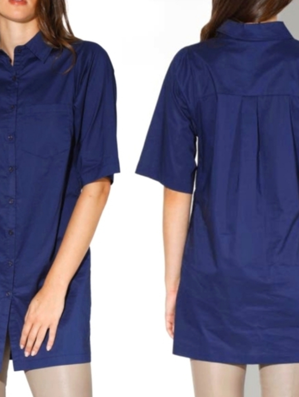 Walter Baker Poplin Cotton Navy Short-Sleeve Button-Up Tunic Shirt Size L